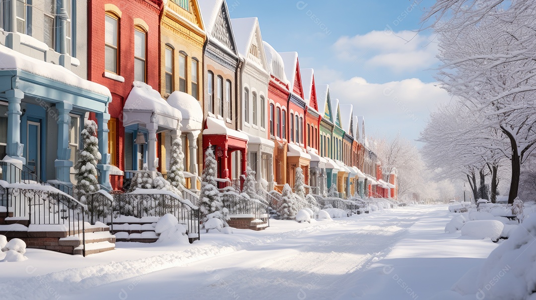 Inverno uma rua de tijolos coloridos ladeada por casas geminadas