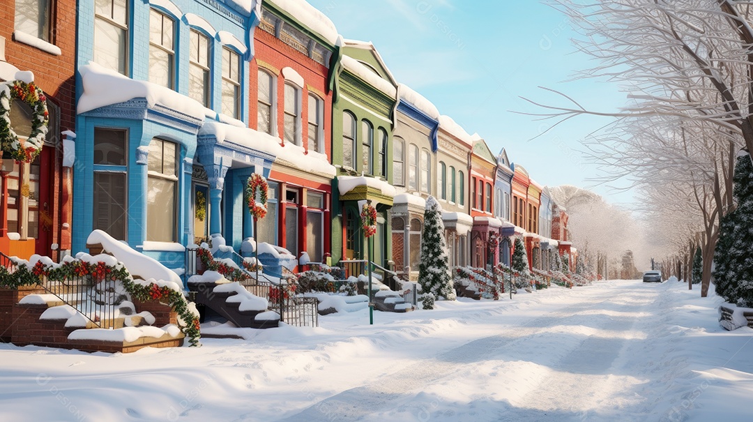 Inverno uma rua de tijolos coloridos ladeada por casas geminadas