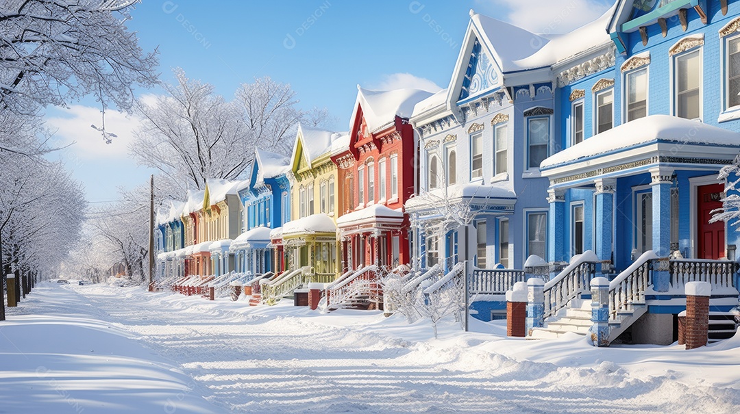 Inverno uma rua de tijolos coloridos ladeada por casas geminadas