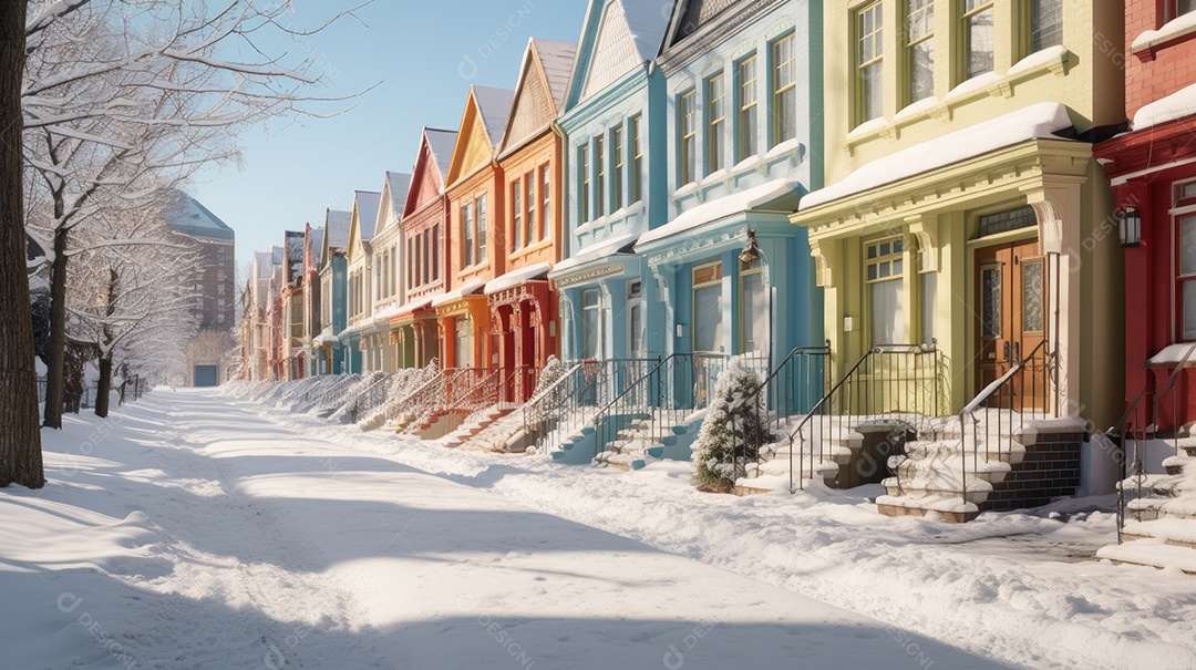Inverno uma rua de tijolos coloridos ladeada por casas geminadas