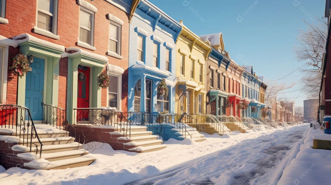 Inverno uma rua de tijolos coloridos ladeada por casas geminadas