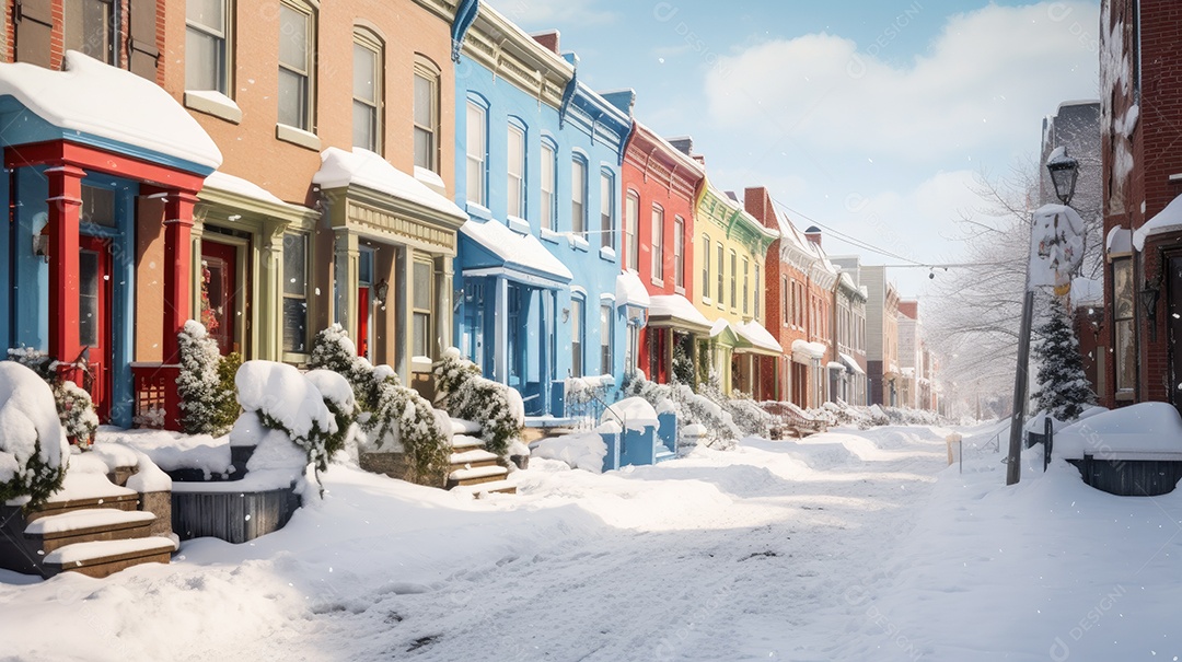 Inverno uma rua de tijolos coloridos ladeada por casas geminadas