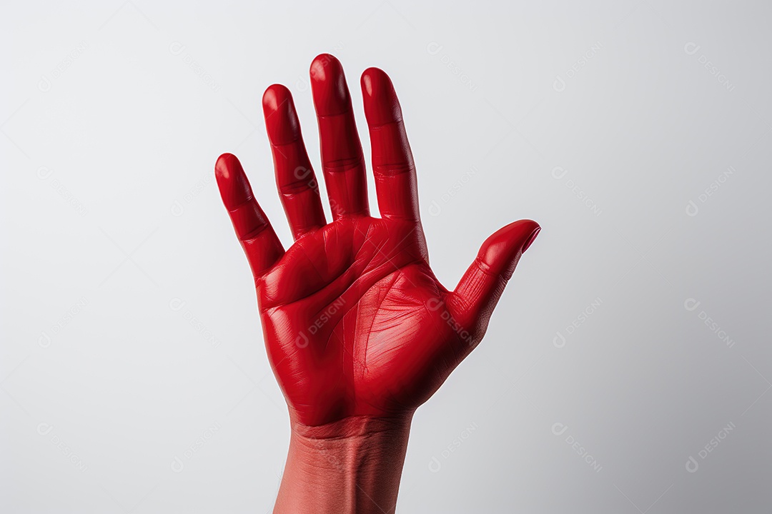 Mão feminina com tinta vermelha sobre fundo branco, close da mão humana