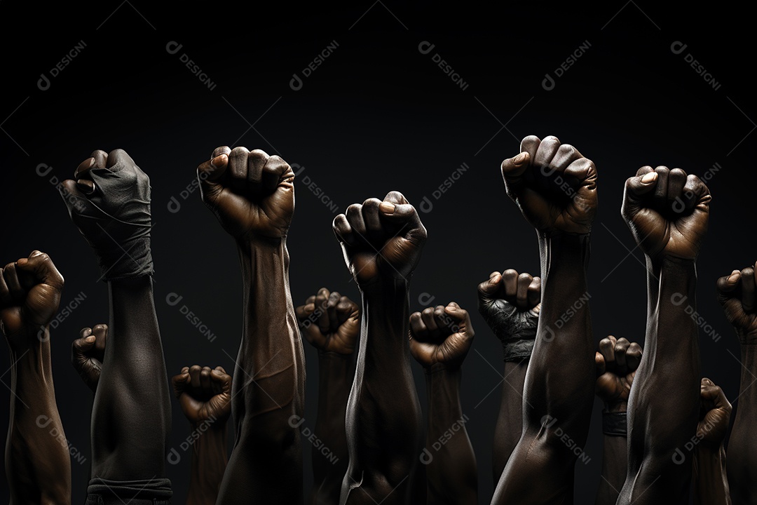 Grupo de mãos com punhos cerrados sobre fundo preto, conceito de poder e força
