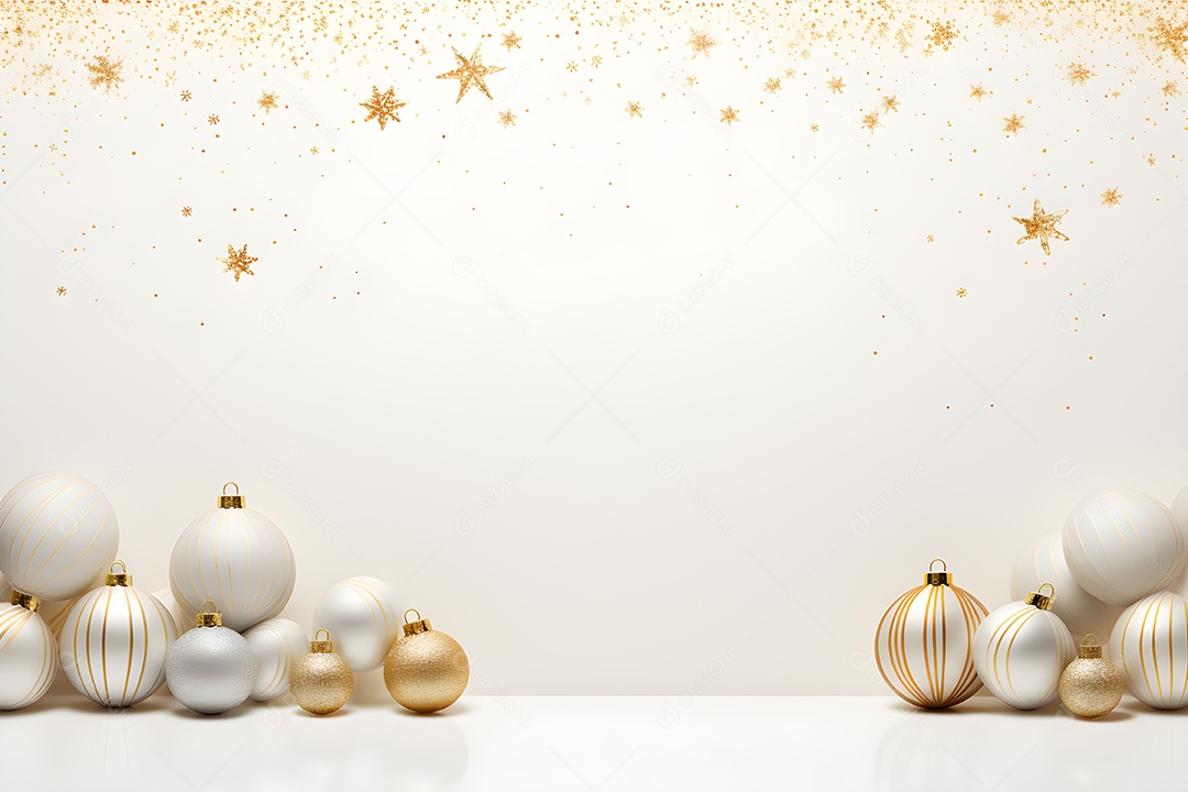 Fundo de Natal e ano novo com enfeites dourados e brancos.