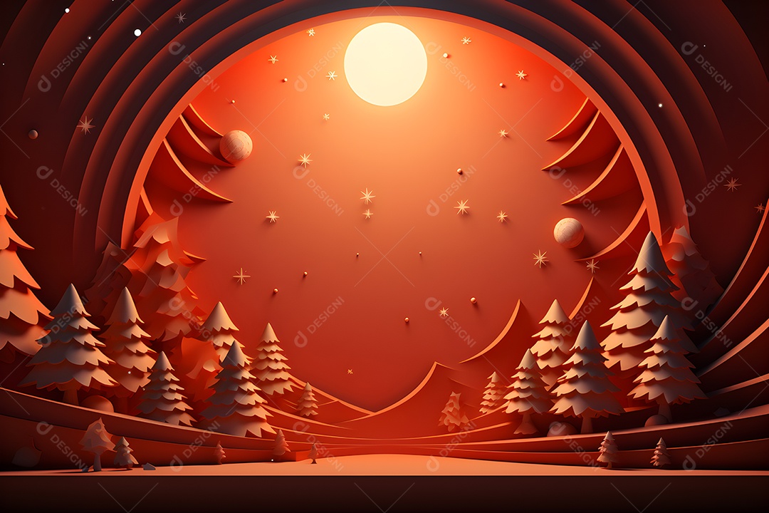 Fundo de Natal com abetos e lua.