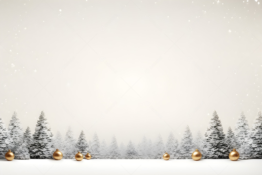 Fundo de Natal com bolas douradas e abetos na paisagem nevada.