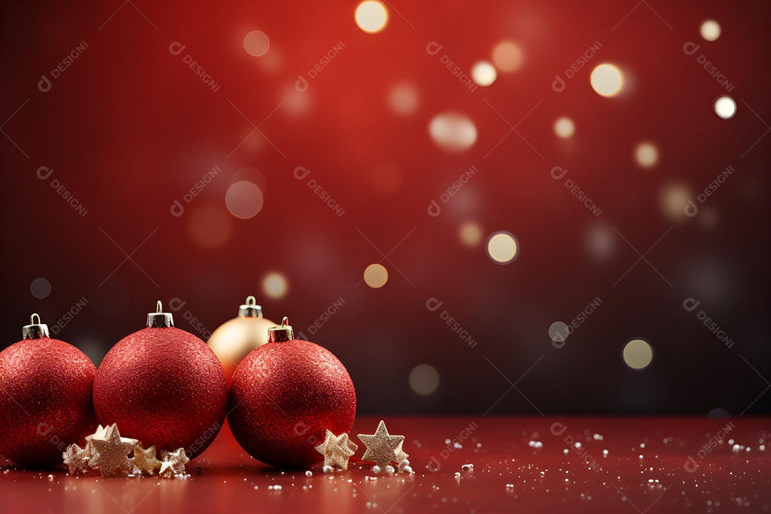 Fundo de Natal com bolas vermelhas e flocos de neve em fundo vermelho