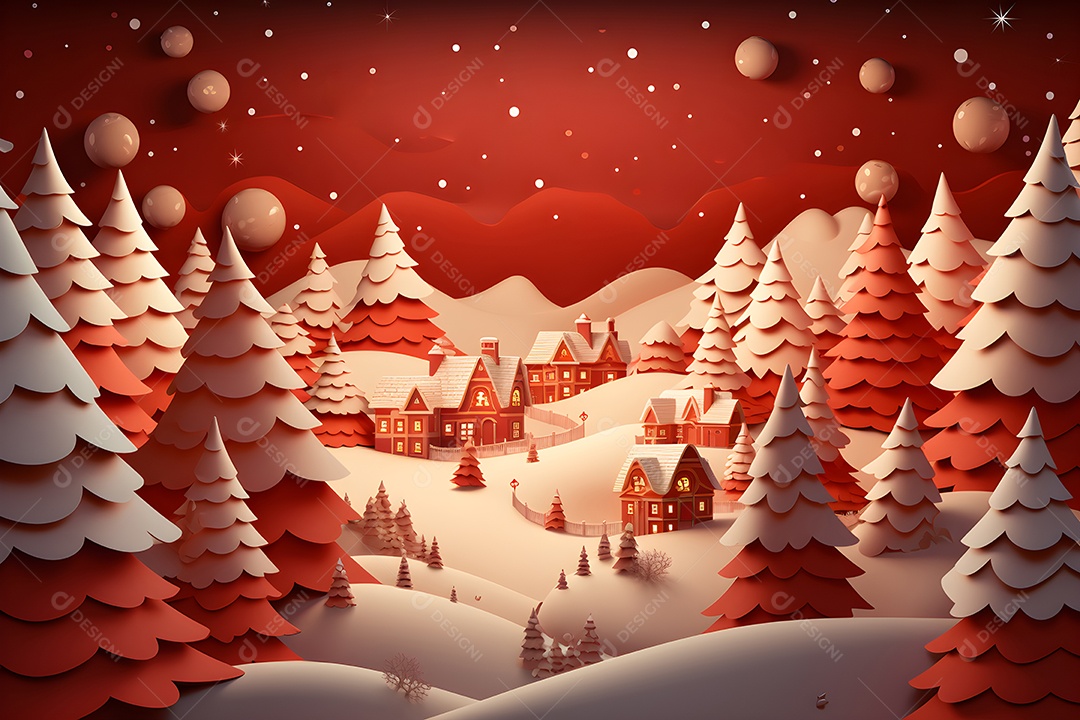 Fundo de Natal com casas vermelhas e flocos de neve.