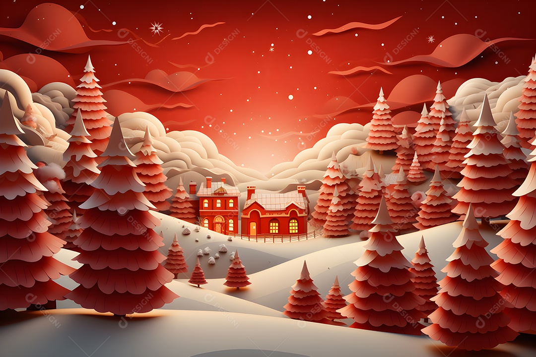 Fundo de Natal com casas vermelhas e flocos de neve.