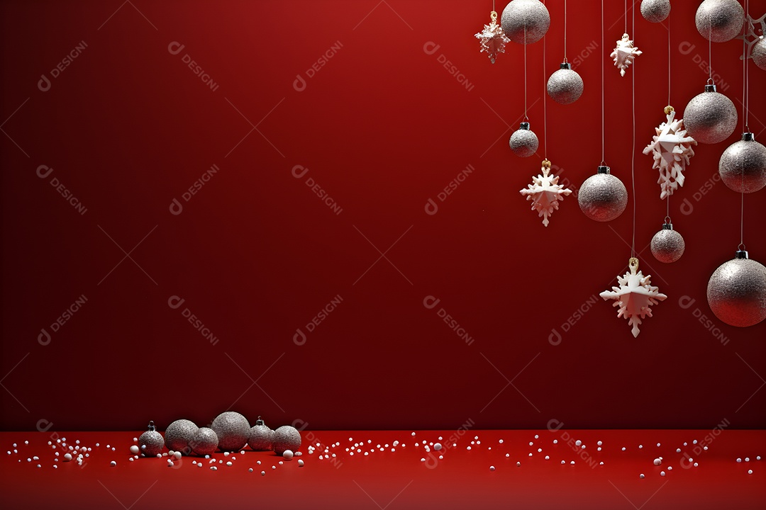 Fundo de Natal com bolas prateadas e flocos de neve sobre fundo vermelho
