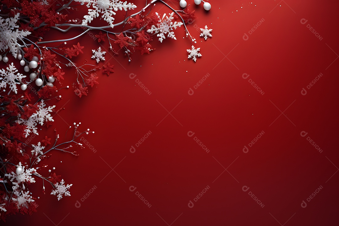 Fundo de Natal com bolas prateadas e flocos de neve sobre fundo vermelho