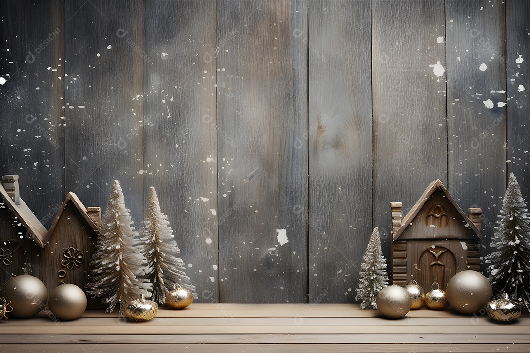 Fundo de Natal com casa de brinquedo de madeira, árvore de Natal e flocos de neve