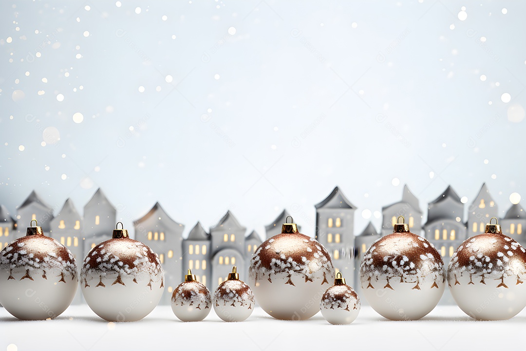 Enfeites de Natal em frente a uma fileira de pequenas casas