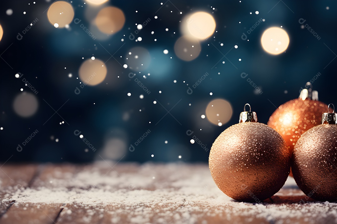 Decoração de Natal em mesa de madeira com fundo de neve e bokeh