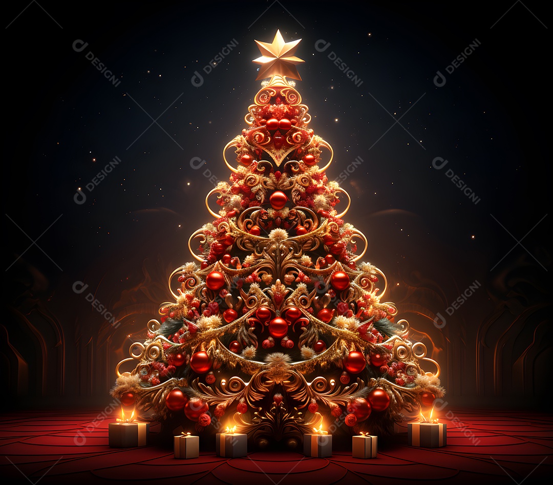 Árvore de Natal com velas e enfeites em fundo escuro.