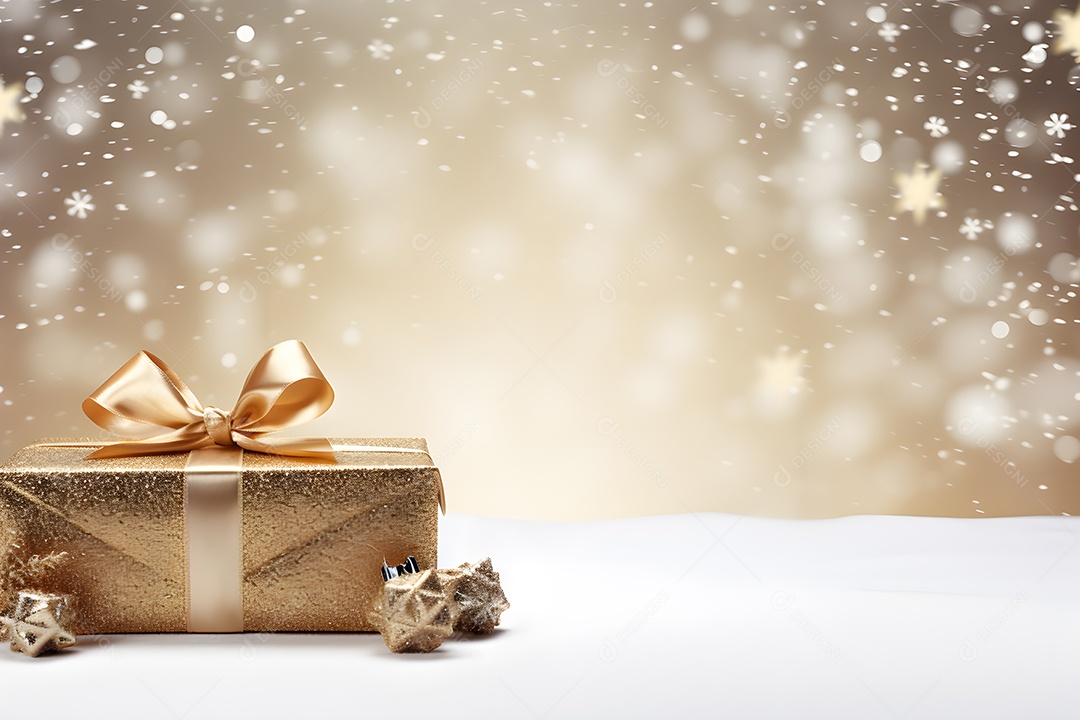 Caixa de presente com laço dourado na neve e fundo bokeh