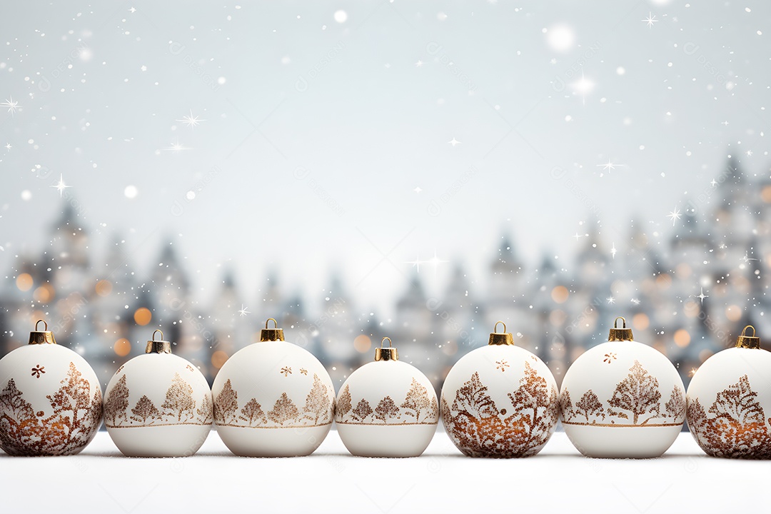 Enfeites de Natal branco com fundo de neve e bokeh, gerados por IA