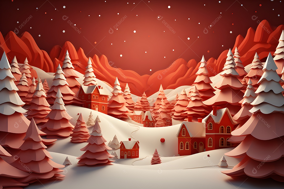 Paisagem de inverno com casas vermelhas e árvores de natal gerada por Ai