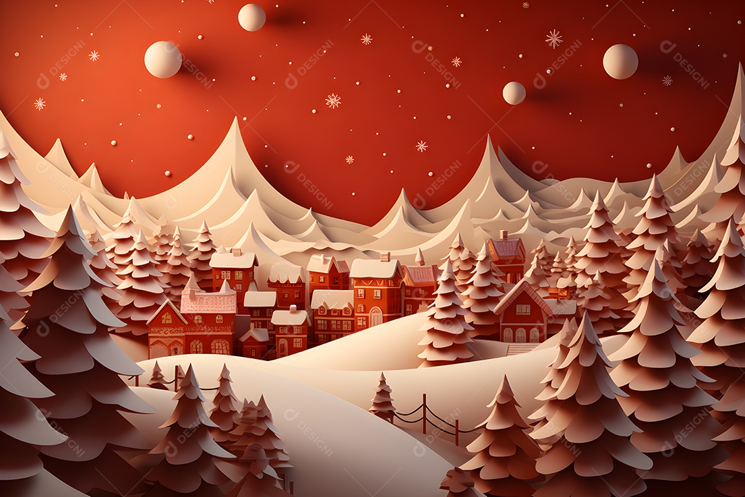 Paisagem de inverno com vila e flocos de neve em estilo de arte de papel Ai Generativa