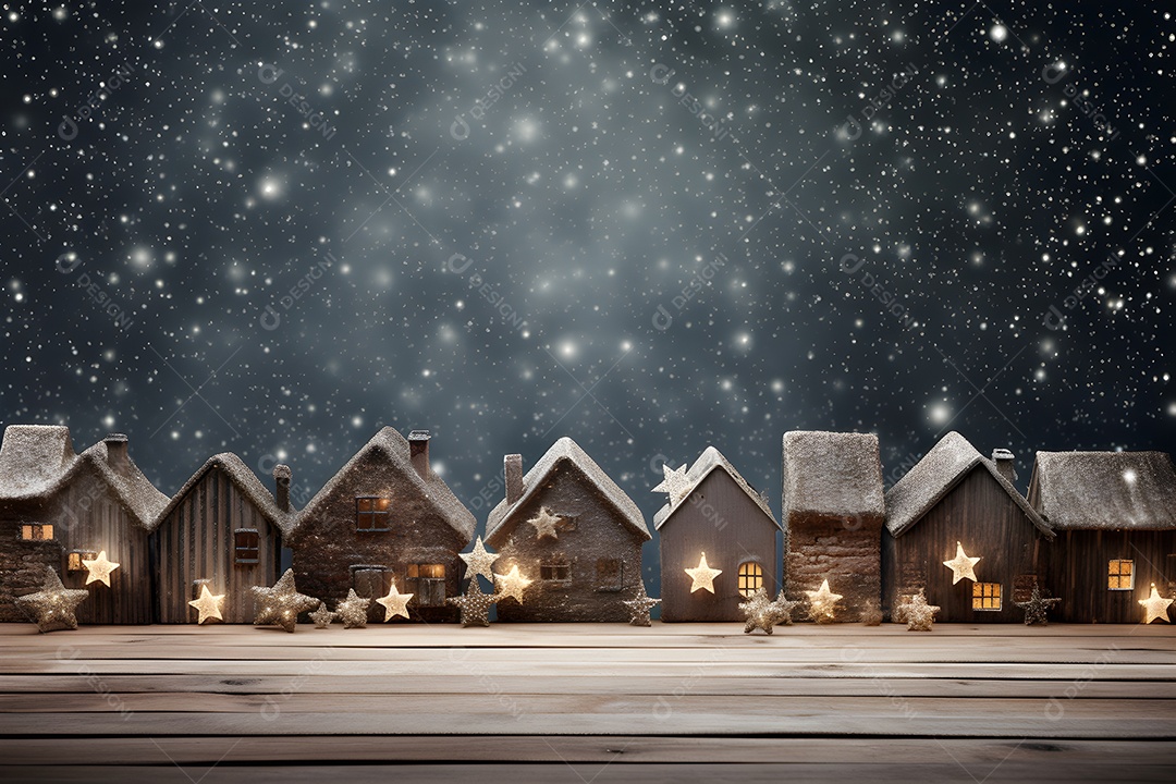Casas de madeira na neve com estrelas e luzes de Natal Ai Generativa
