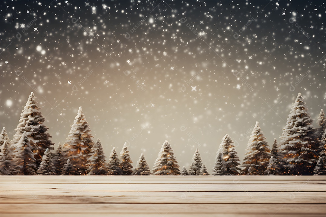 Mesa de madeira contra fundo de natal com abetos em paisagem nevada gerada por IA