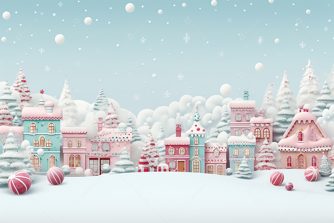 Ilustração 3D do fundo de Natal com casas de gengibre na neve, gerada por IA