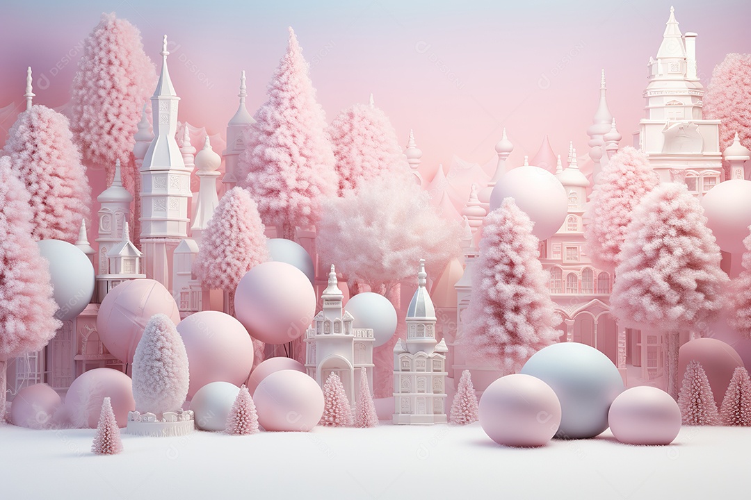Ilustração 3D do fundo de fantasia de inverno com castelo e bolas rosa geradas por IA
