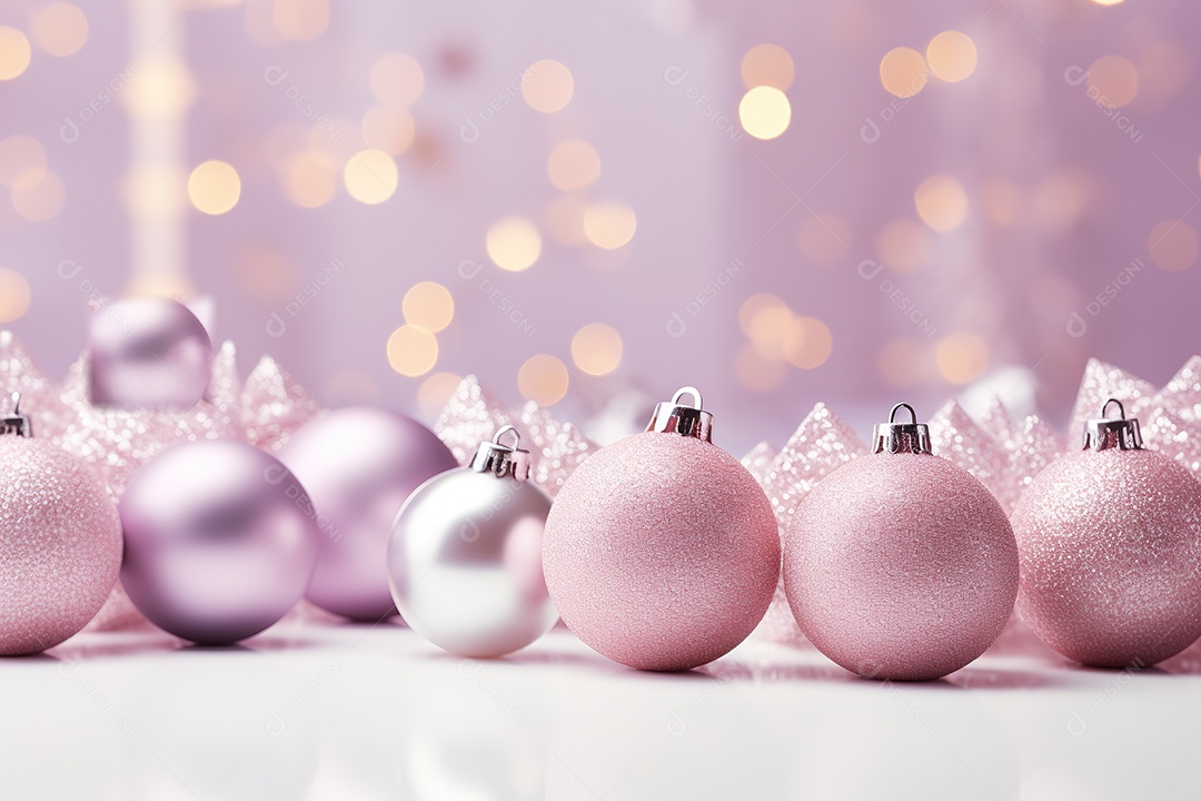 Fundo de Natal com enfeites rosa e prateados em fundo bokeh, Ai Generated