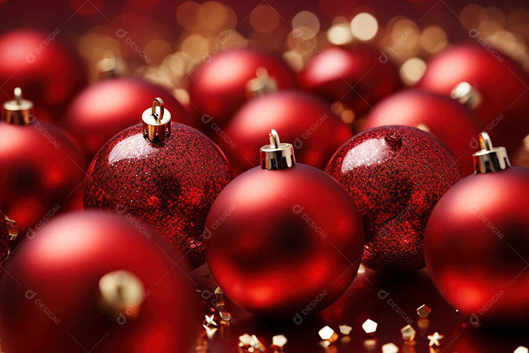 Fundo de Natal com enfeites vermelhos em fundo bokeh gerado por IA