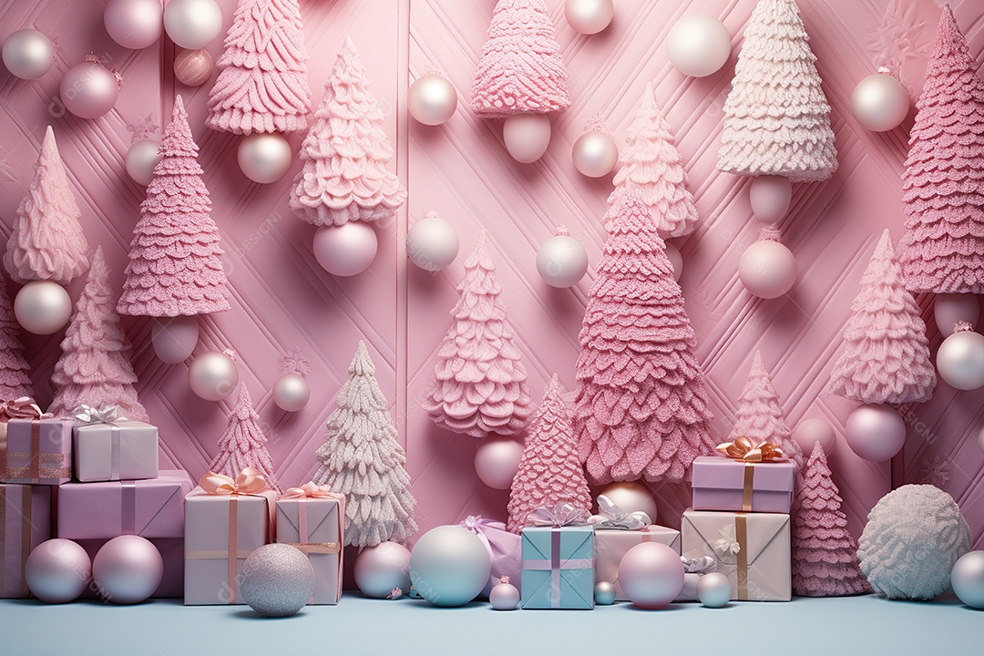 Fundo pastel de Natal árvore presentes e flocos de neve na parede rosa gerado por IA