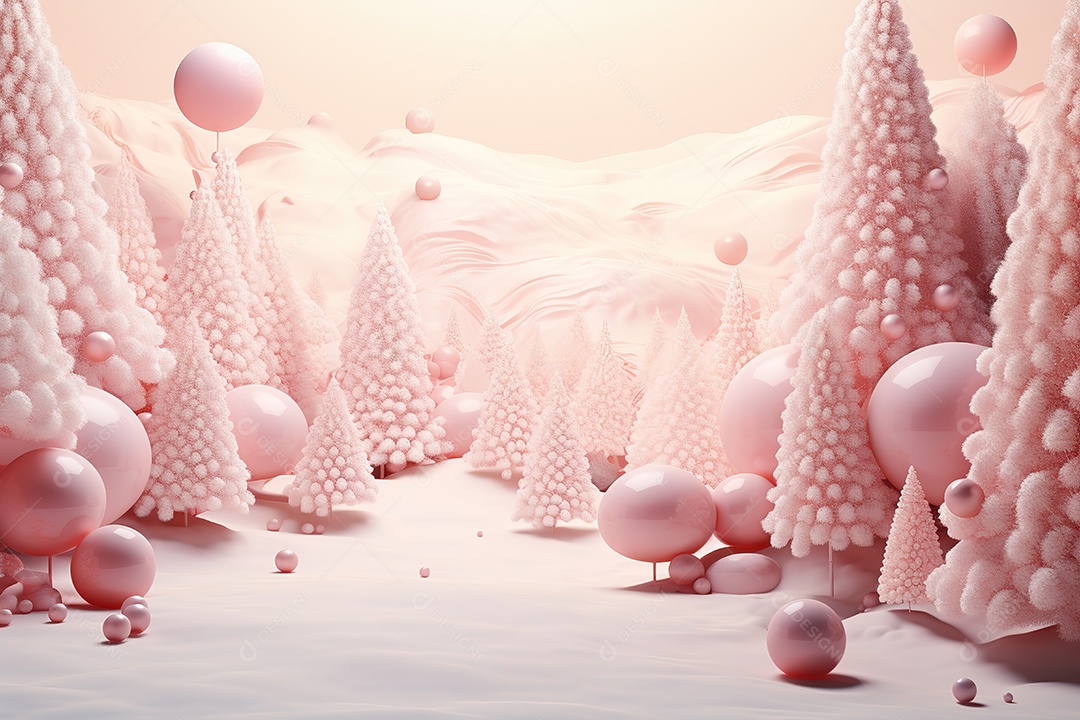 Paisagem de inverno 3D em cor pastel com árvores de Natal e balões rosa gerados por IA
