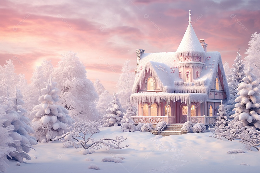 Paisagem de inverno de cor pastel com casa coberta de neve na floresta. Renderização 3D, gerada por IA