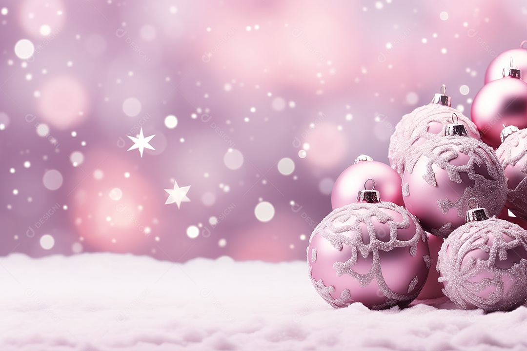 Bolas de Natal rosa na neve com fundo bokeh, renderização em 3D IA gerada