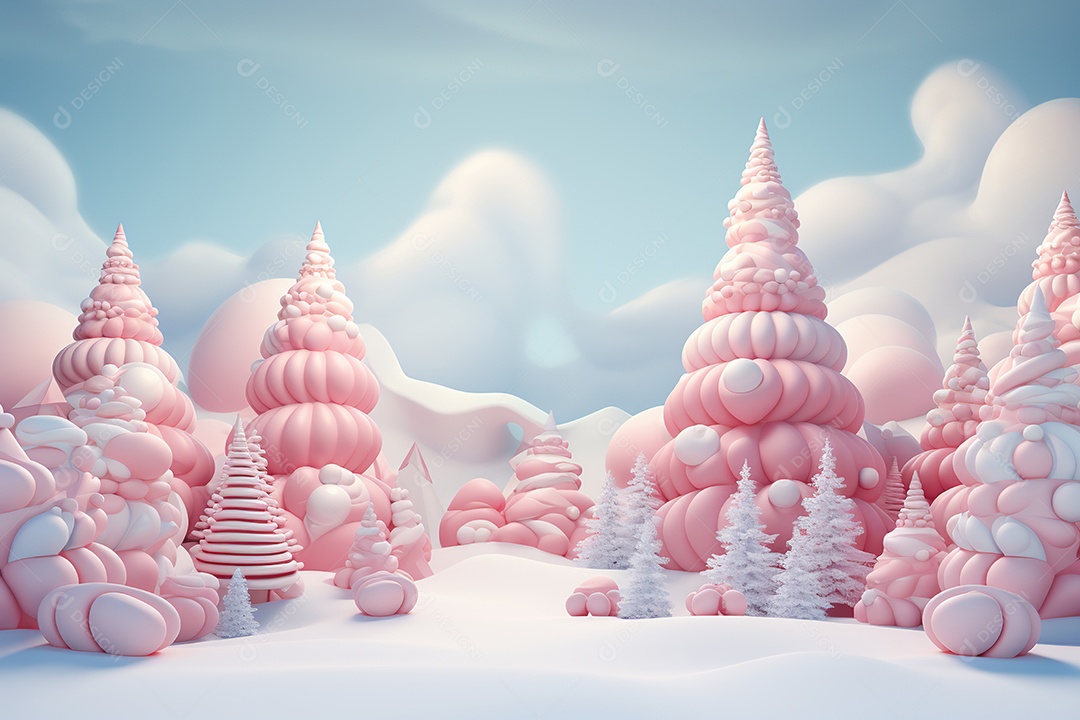 Paisagem nevada de inverno com árvores de Natal em tons pastéis e bolas cor de rosa Ai Generated