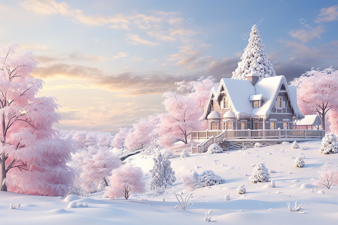 Paisagem de inverno com árvores cobertas de neve e casa privada gerada por IA