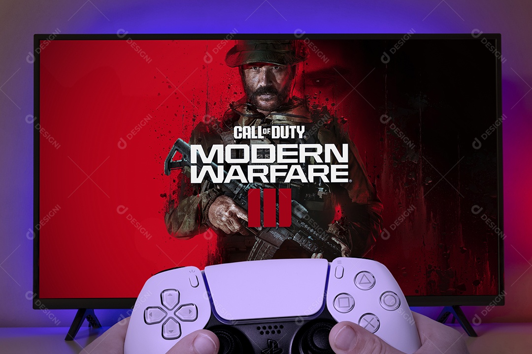 Logotipo de Call of Duty Modern Warfare 3 com controle de Playstation