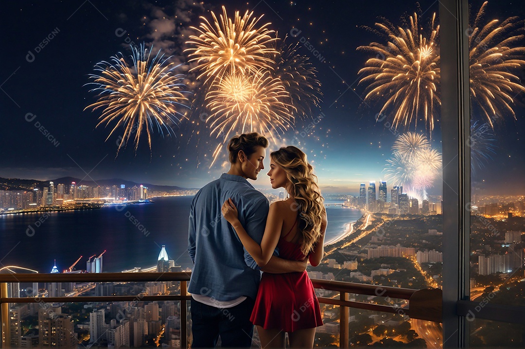Dia de Ano Novo casal fofo comemorando com vivas fogos de artifício edifício e mar no fundo IA generativa