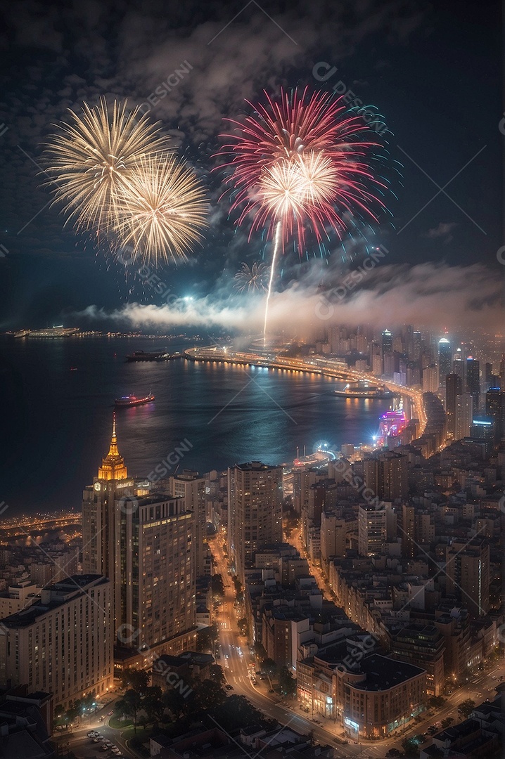 Dia de Ano Novo casal fofo comemorando com vivas fogos de artifício edifício e mar no fundo IA generativa