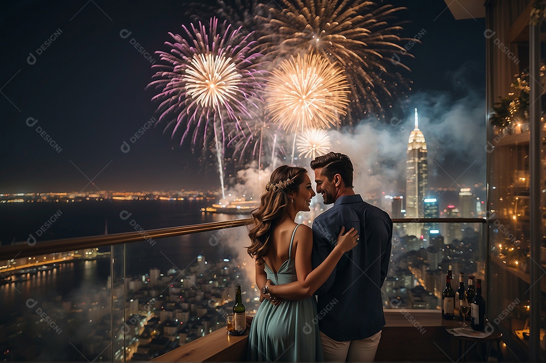 Dia de Ano Novo casal fofo comemorando com vivas fogos de artifício edifício e mar no fundo IA generativa