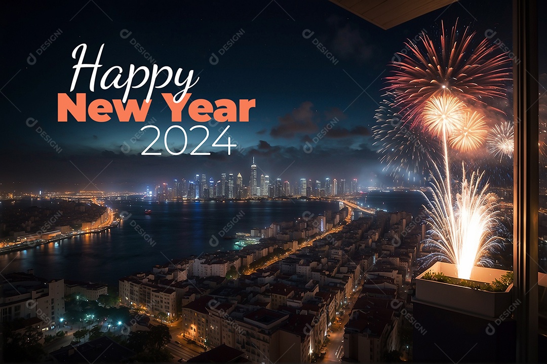 Dia de Ano Novo casal fofo comemorando com vivas fogos de artifício edifício e mar no fundo IA generativa
