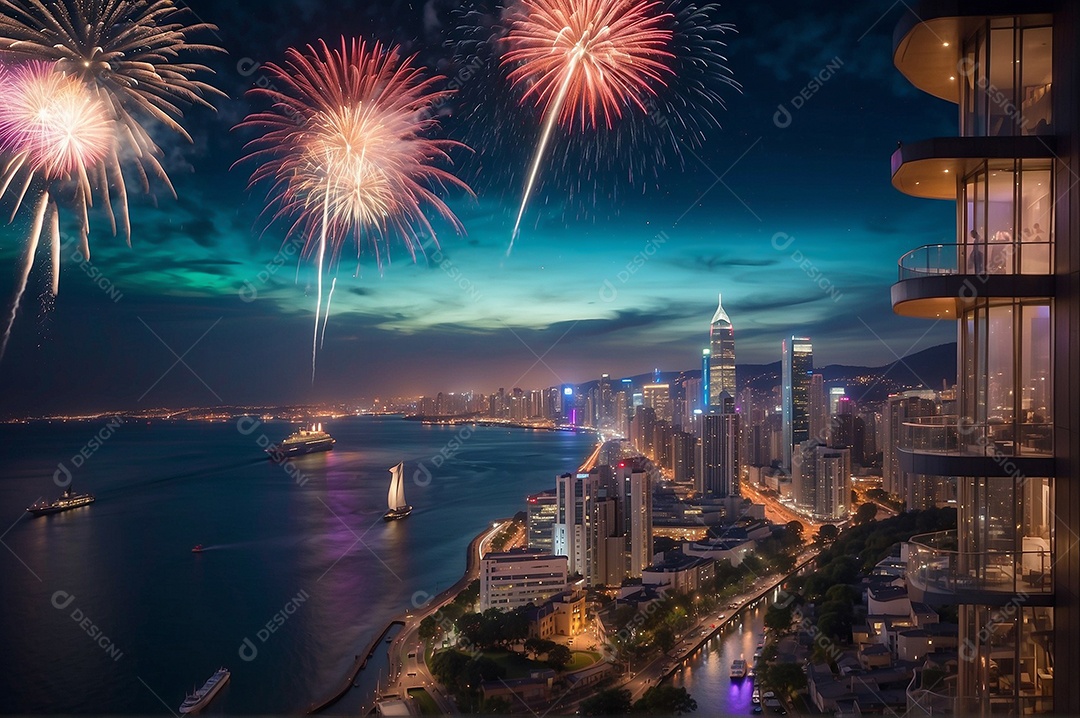 Dia de Ano Novo casal fofo comemorando com vivas fogos de artifício edifício e mar no fundo IA generativa