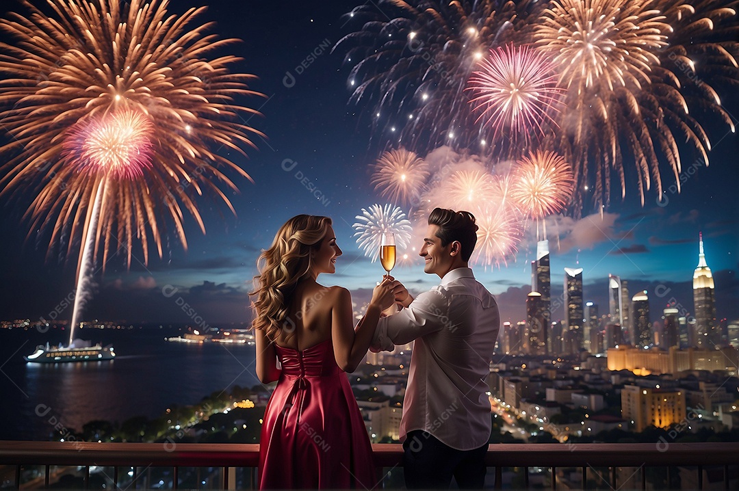 Dia de Ano Novo casal fofo comemorando com vivas fogos de artifício edifício e mar no fundo IA generativa