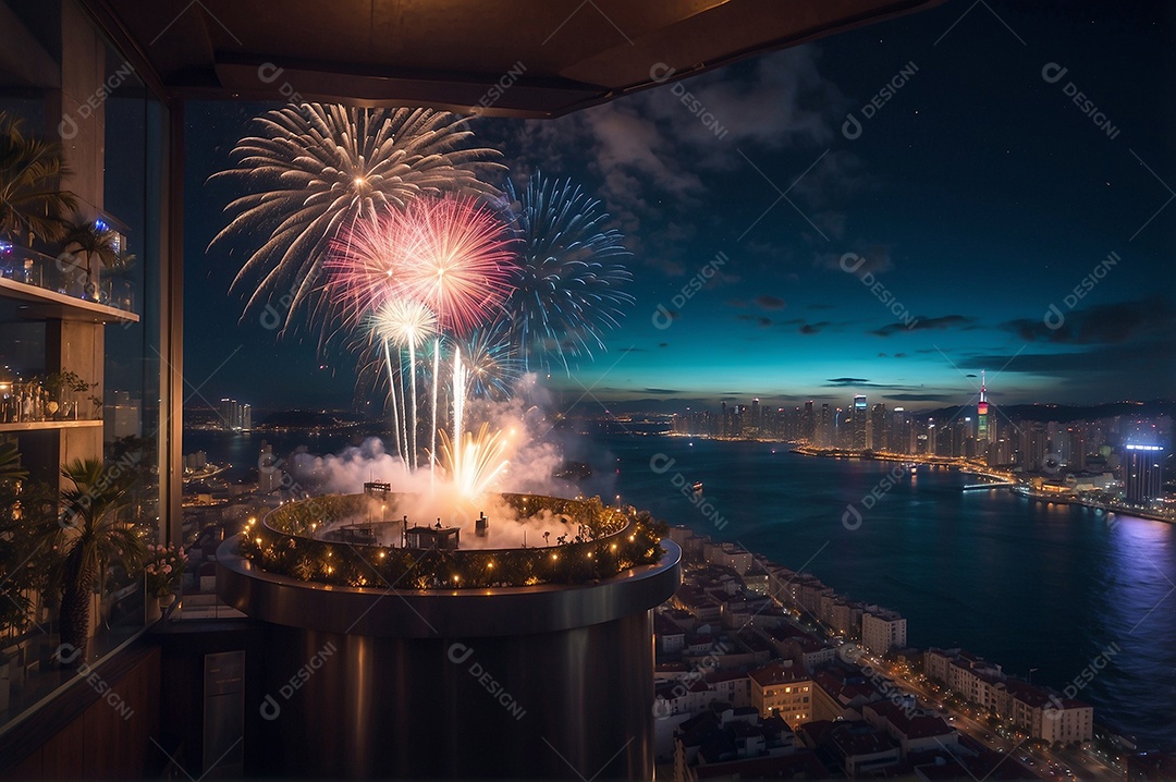 Dia de Ano Novo casal fofo comemorando com vivas fogos de artifício edifício e mar no fundo IA generativa