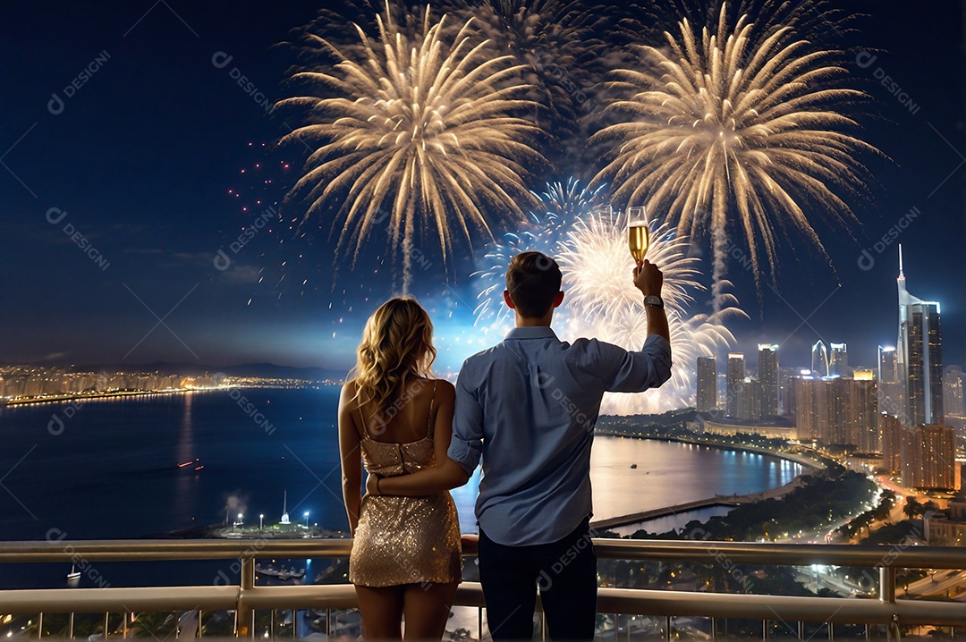 Dia de Ano Novo casal fofo comemorando com vivas fogos de artifício edifício e mar no fundo IA generativa