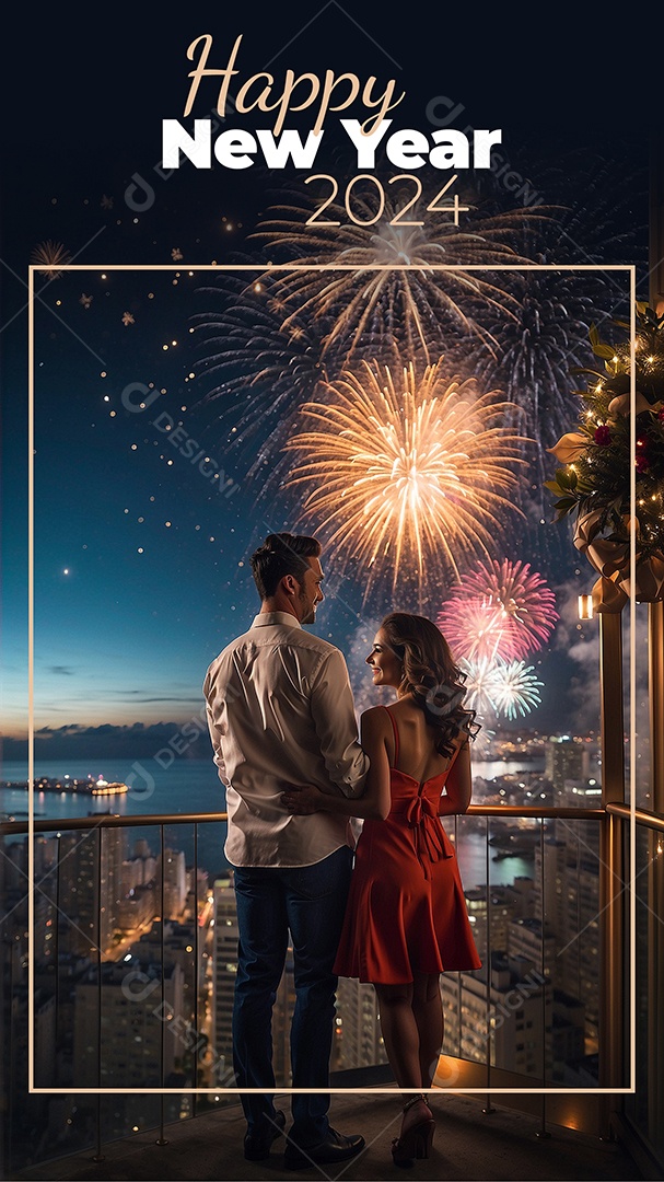 Dia de Ano Novo casal fofo comemorando com vivas fogos de artifício edifício e mar no fundo IA generativa