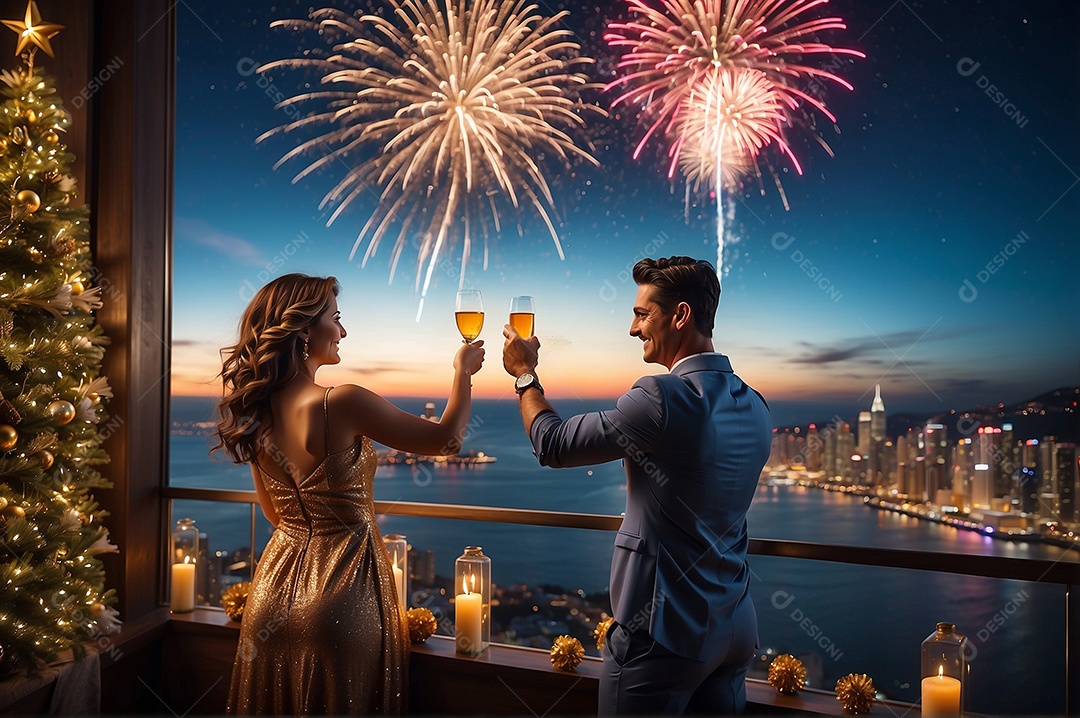 Dia de Ano Novo casal fofo comemorando com vivas fogos de artifício edifício e mar no fundo IA generativa