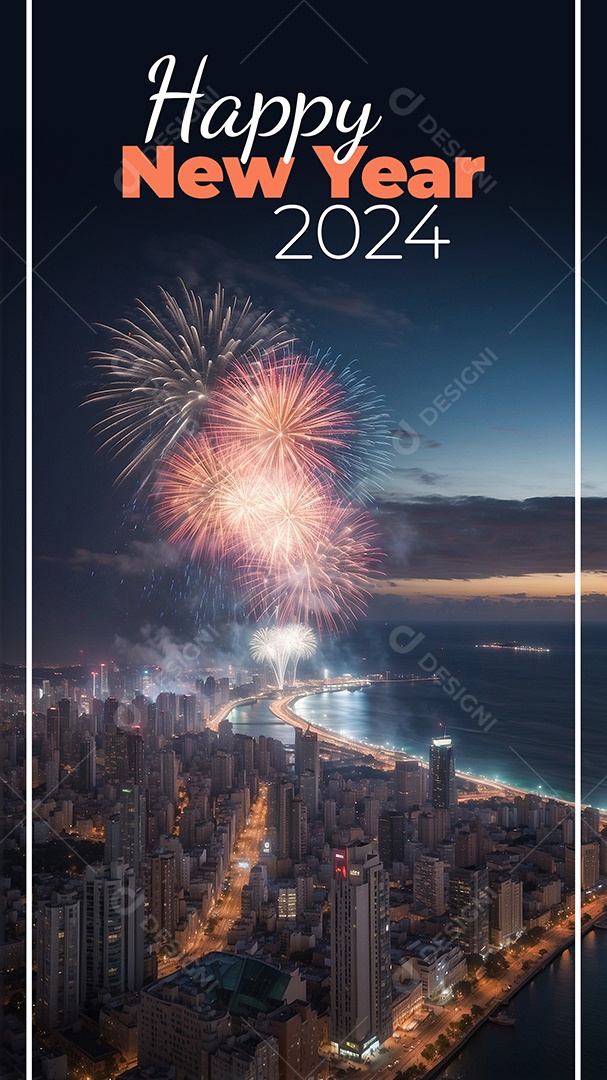 Dia de Ano Novo casal fofo comemorando com vivas fogos de artifício edifício e mar no fundo IA generativa