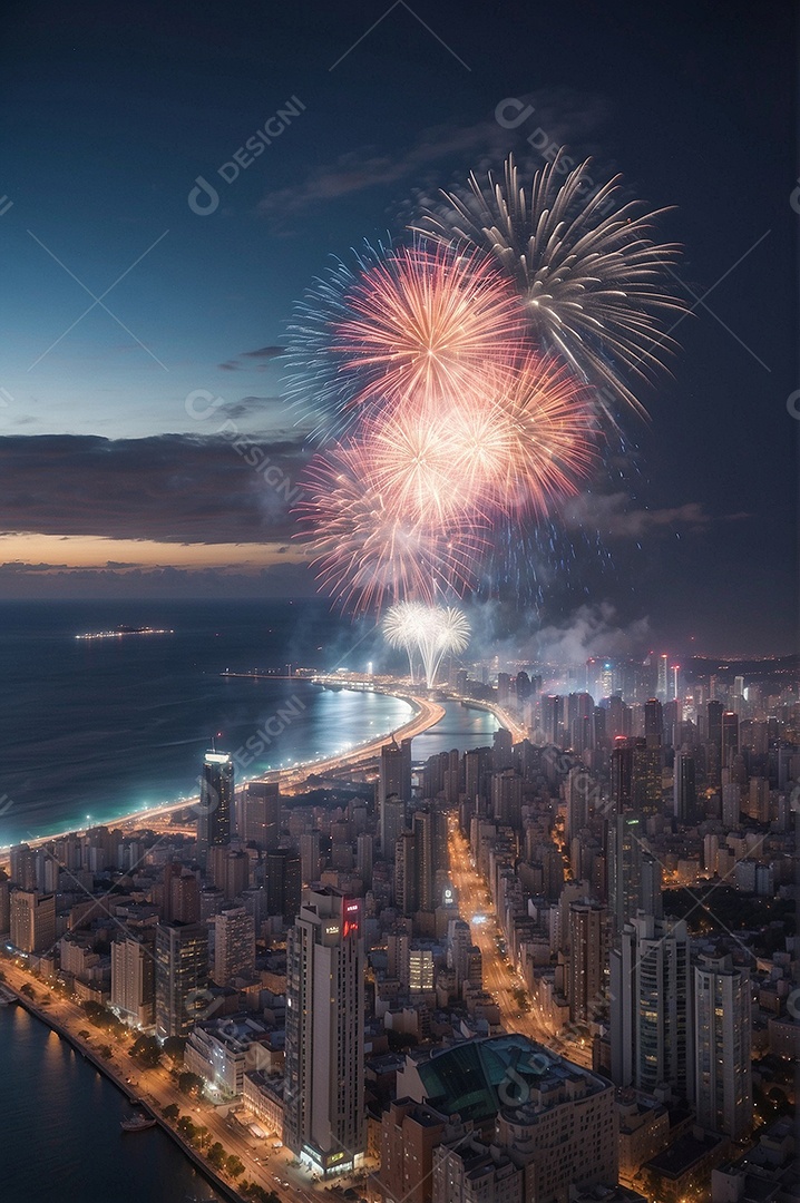 Cartão de mídia social do Dia de Ano Novo com fogos de artifício construção e mar espaço para texto IA generativa