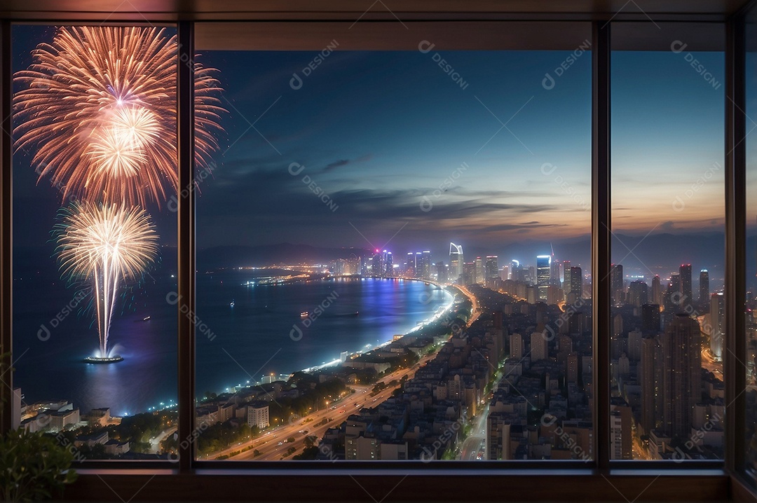 Cartão de mídia social do Dia de Ano Novo com fogos de artifício construção e mar espaço para texto IA generativa
